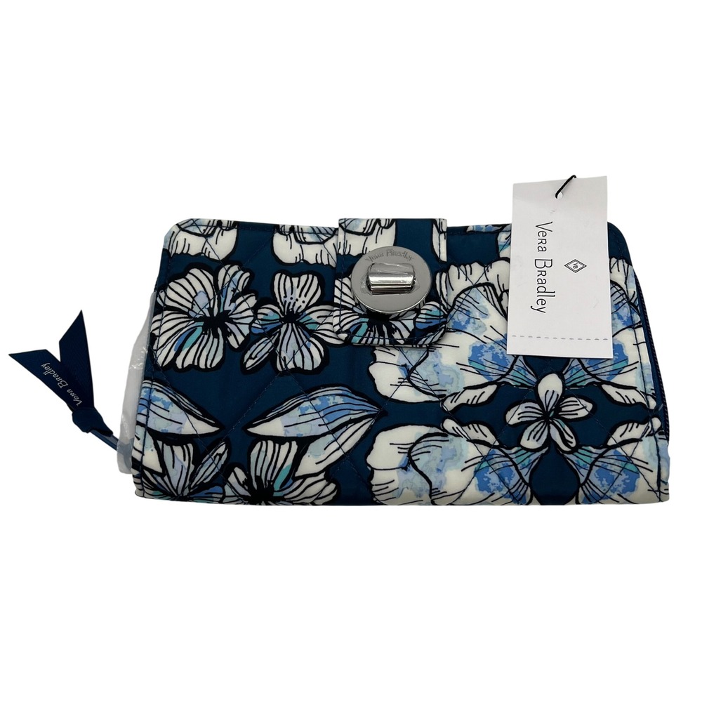 Vera Bradley Ultralight RFID Turnlock Wallet Womens Dive Floral Medallion Blue